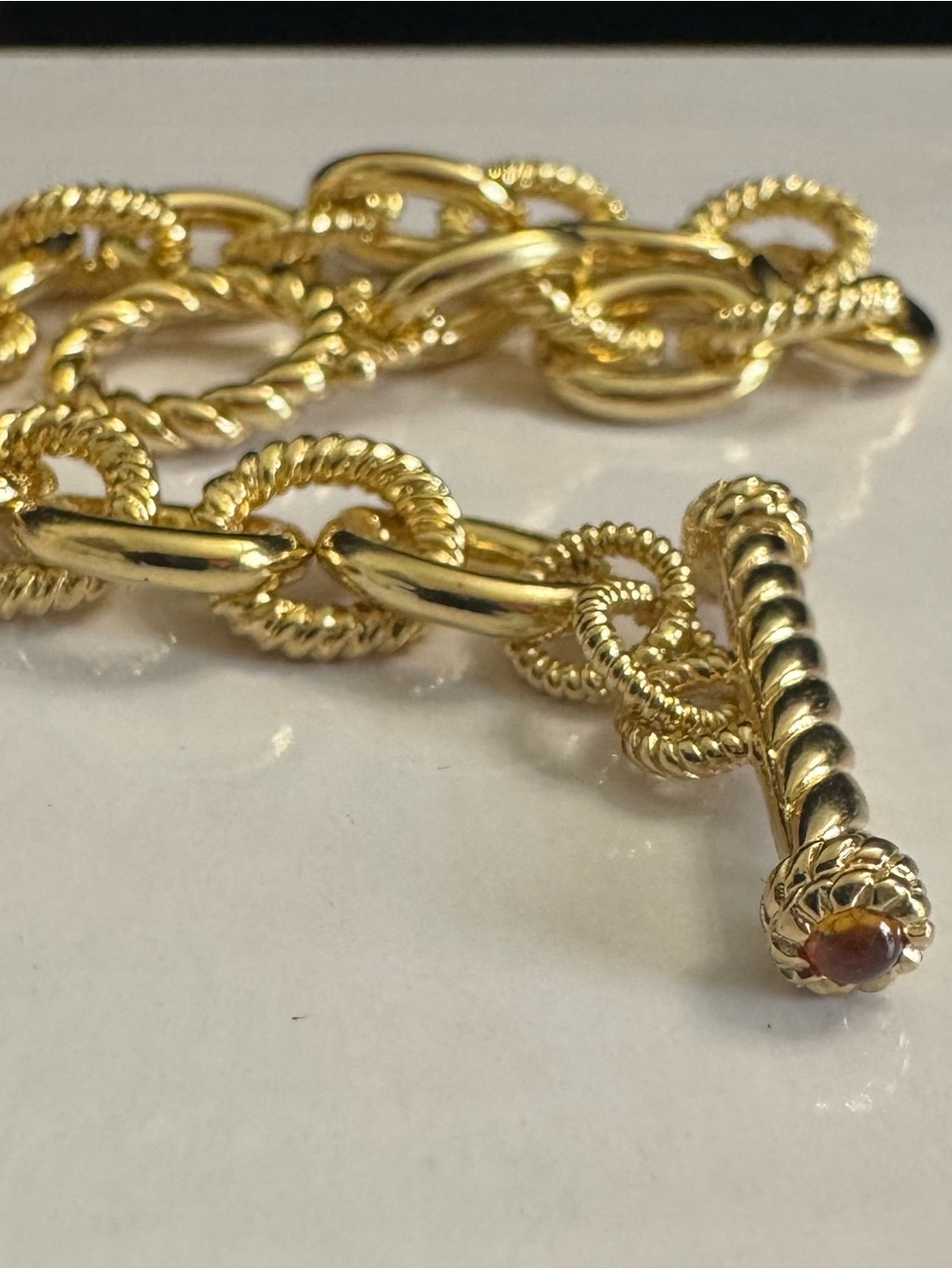 Judith Ripka SS Gold Textured Link Toggle Bracelet w/Peridot Gem Clasp - Picture 2 of 11